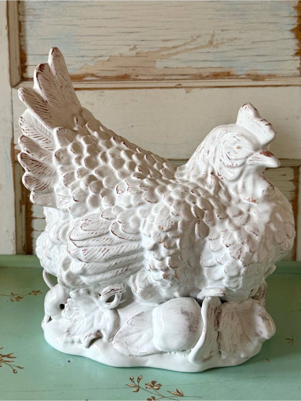 Vintage White Glazed Terracotta French Hen, Life Size, Autumnal Decor
